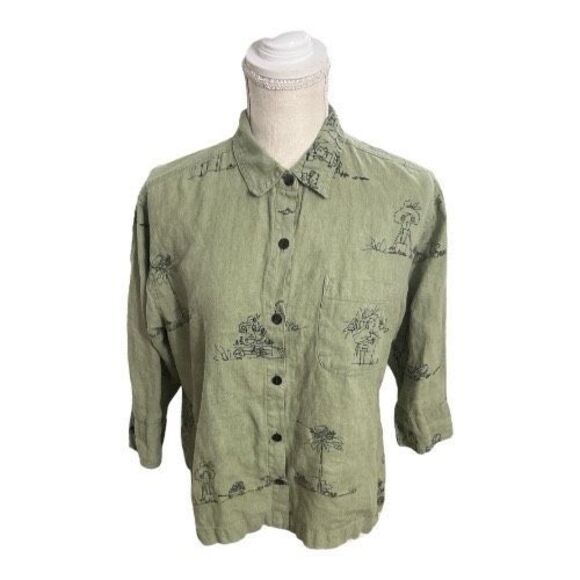 Chico's Sage Green Linen Monkey Print Button-Up Shirt Size 0 (4) Slit 3/4-Sleeve - Picture 2 of 13